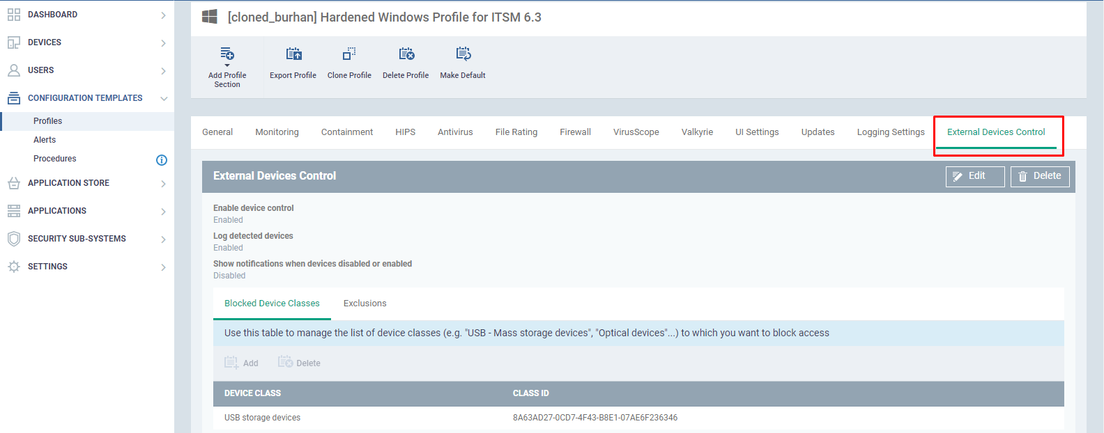 How to add exclusions to external devices control like USB devices